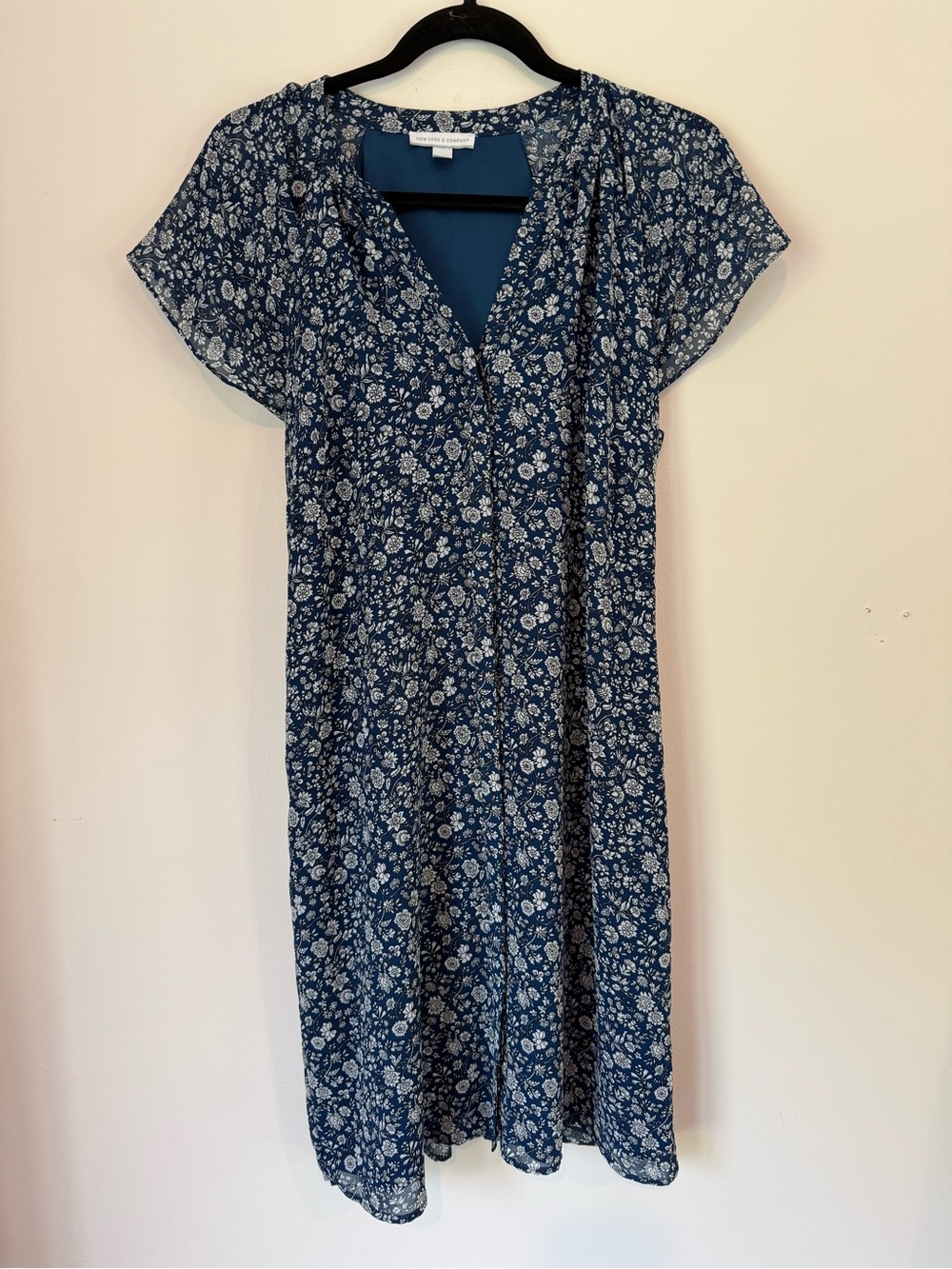 New York & Company Navy Floral Button-Front Midi Dress